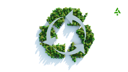 Flechas formando un círculo sobre icono de reciclaje relleno de árboles